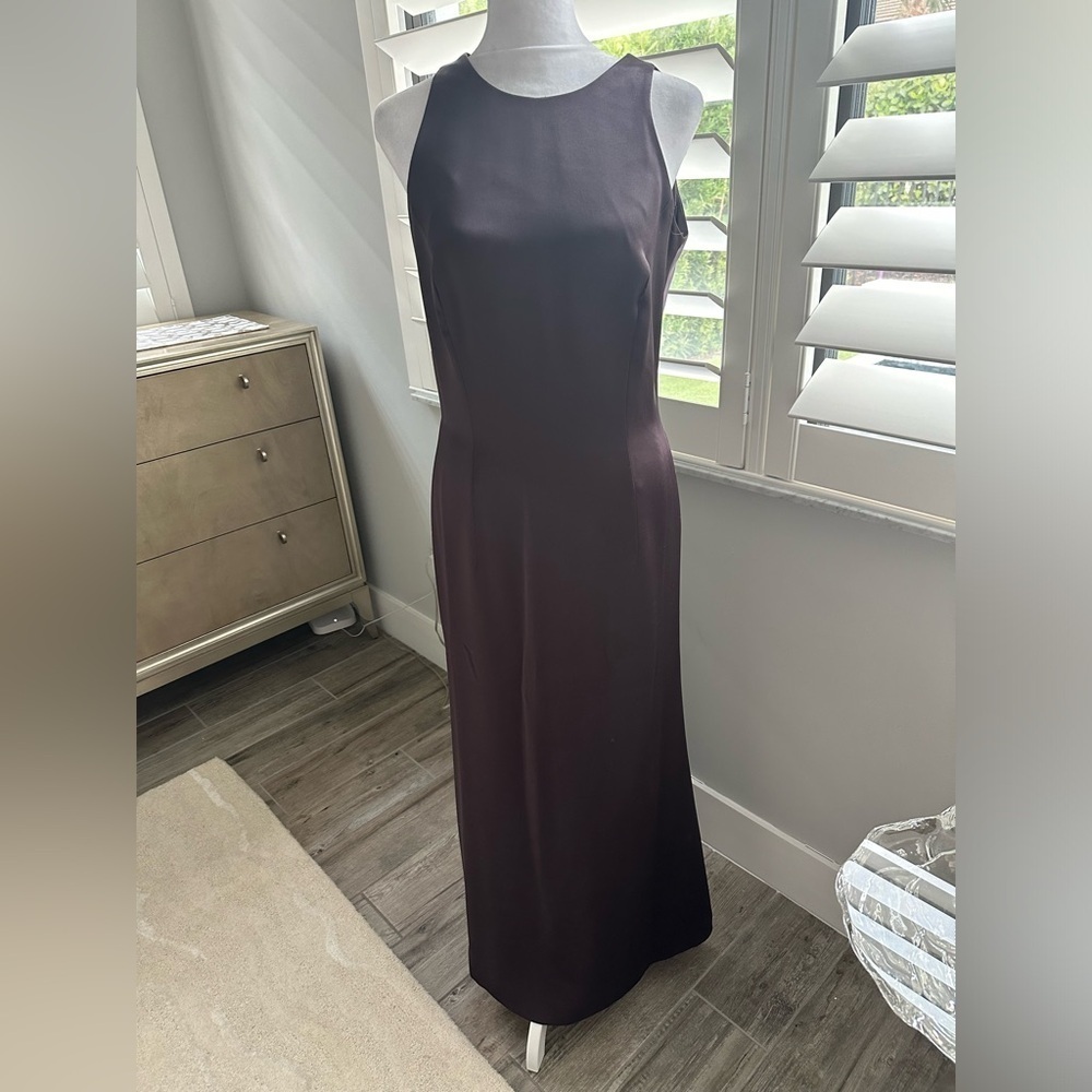 Carmen Marc Valvo Brown Satin finish Evening Gown with plunging back, Si…